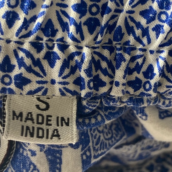 Blue & White Tassel Elephant Block Print Elastic Waist Pull on Pants Trousers - Picture 7 of 8